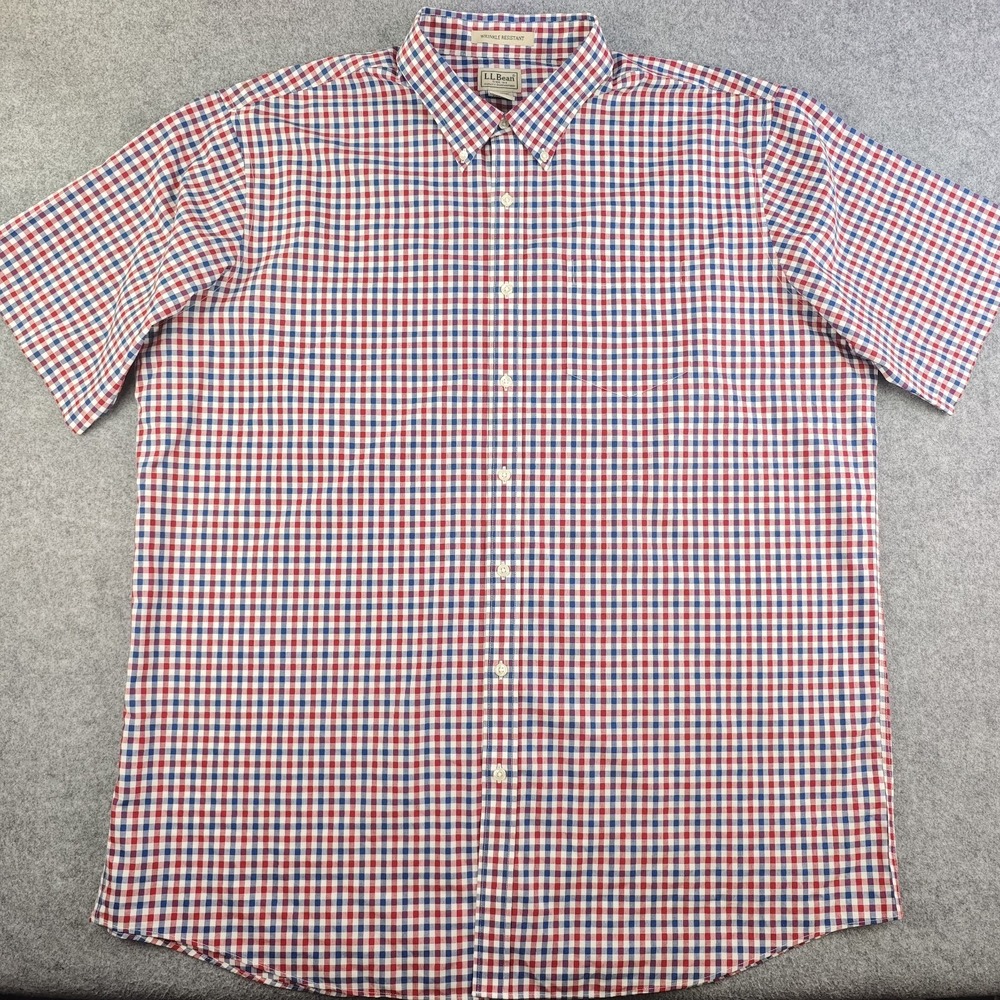 LL Bean Shirt Mens 2XL Tall 2XLT Red Blue Check Short Sleeve Button Down Cotton
